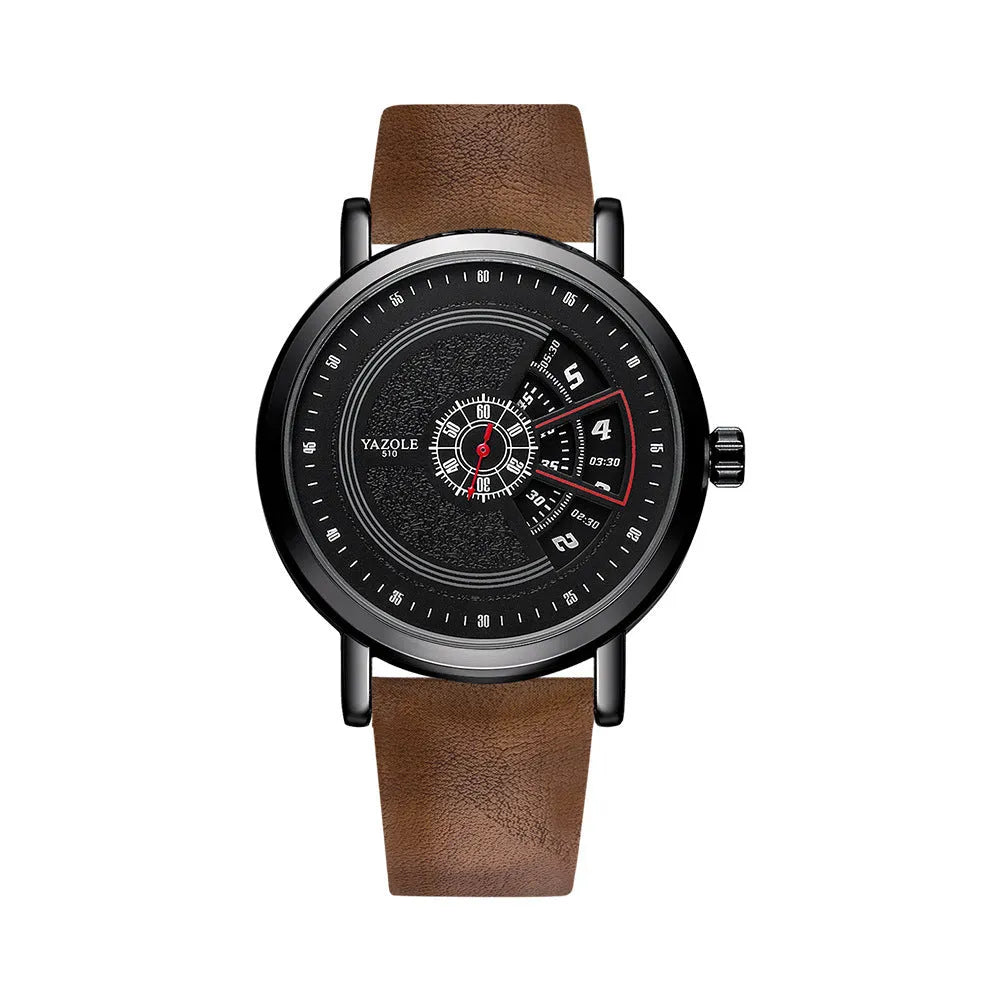 Men's turntable design quartz watch with metal case, mineral glass lens, and pin buckle strap