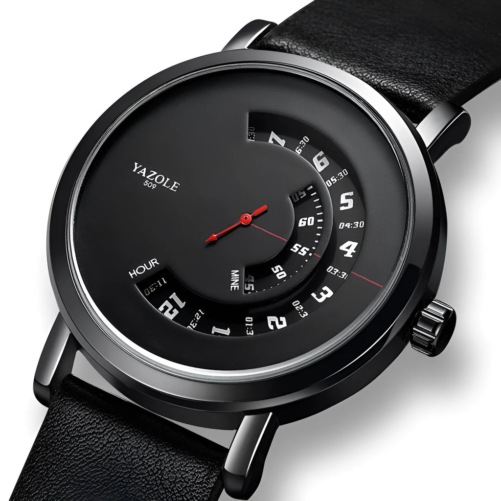 Men's turntable design quartz watch with metal case, mineral glass lens, and pin buckle strap