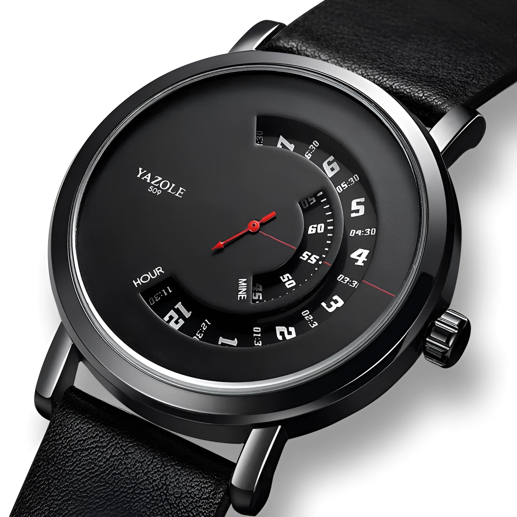 Men's turntable design quartz watch with metal case, mineral glass lens, and pin buckle strap
