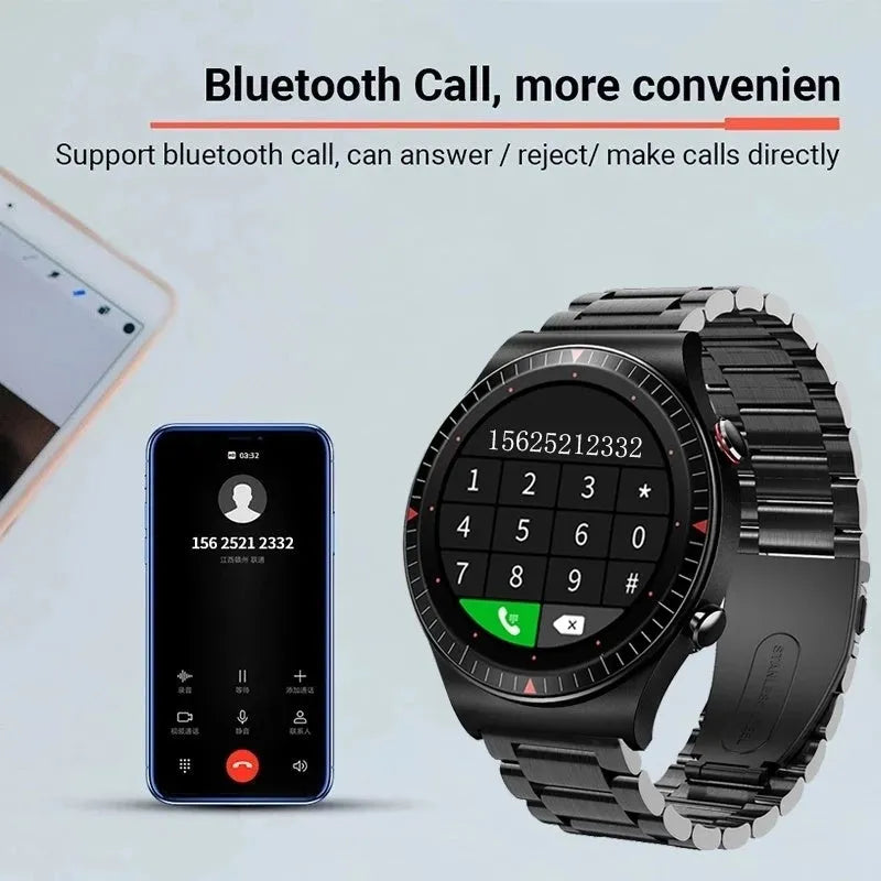 Black smart watch with circular 1.28-inch screen on a TPU strap, showing health stats interface.