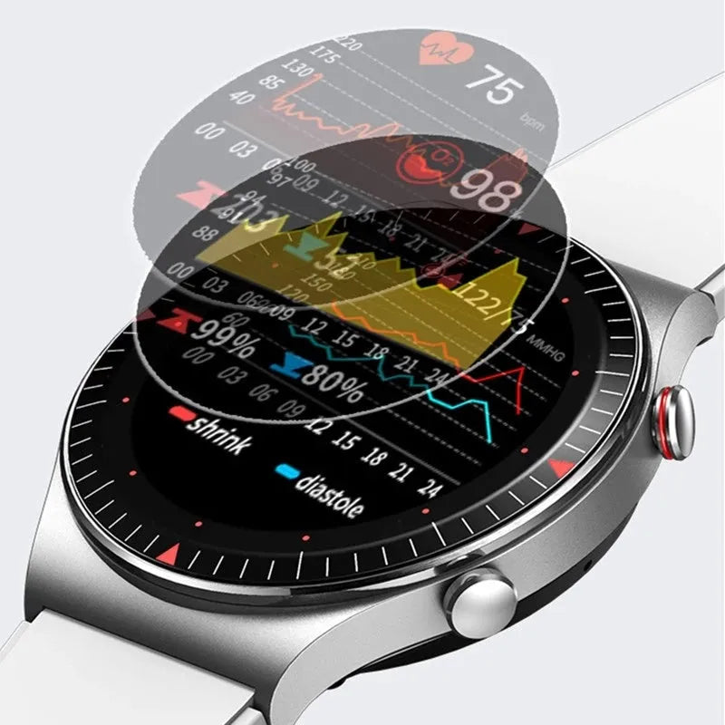 Black smart watch with circular 1.28-inch screen on a TPU strap, showing health stats interface.