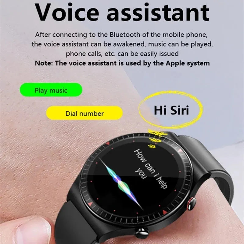 Black smart watch with circular 1.28-inch screen on a TPU strap, showing health stats interface.