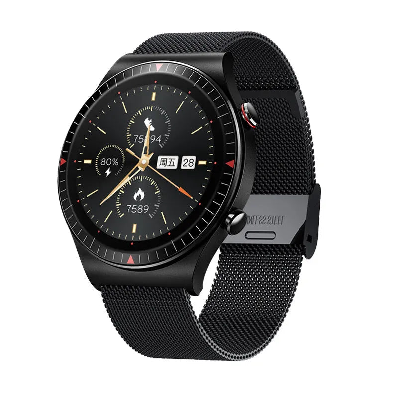Black smart watch with circular 1.28-inch screen on a TPU strap, showing health stats interface.