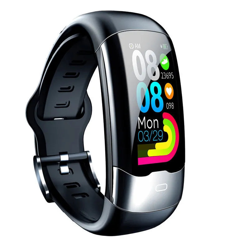 Smart bracelet with heart rate and blood pressure monitoring in black, blue, and red colour options