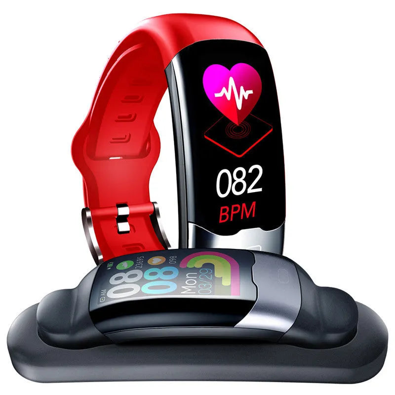 Smart bracelet with heart rate and blood pressure monitoring in black, blue, and red colour options