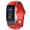 Smart health monitoring bracelet with touchscreen on a wrist, showing body temperature and ECG data.