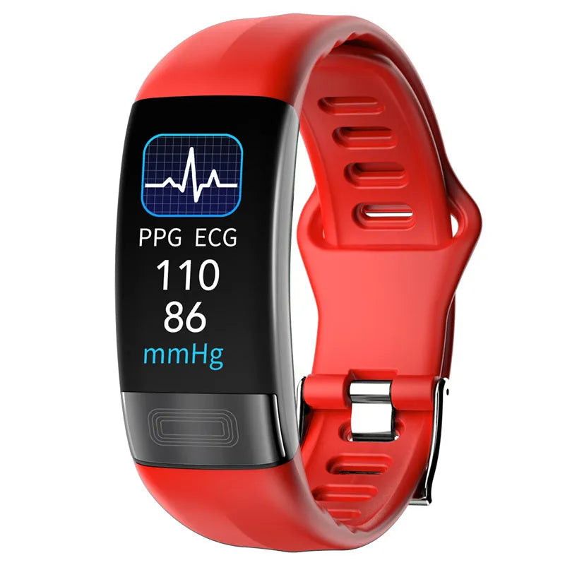 Smart health monitoring bracelet with touchscreen on a wrist, showing body temperature and ECG data.