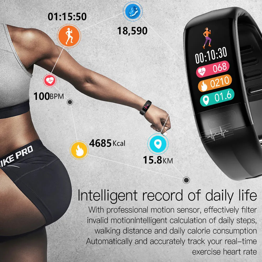 Smart health monitoring bracelet with touchscreen on a wrist, showing body temperature and ECG data.