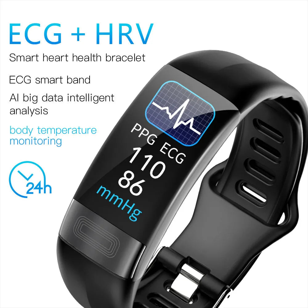 Smart health monitoring bracelet with touchscreen on a wrist, showing body temperature and ECG data.