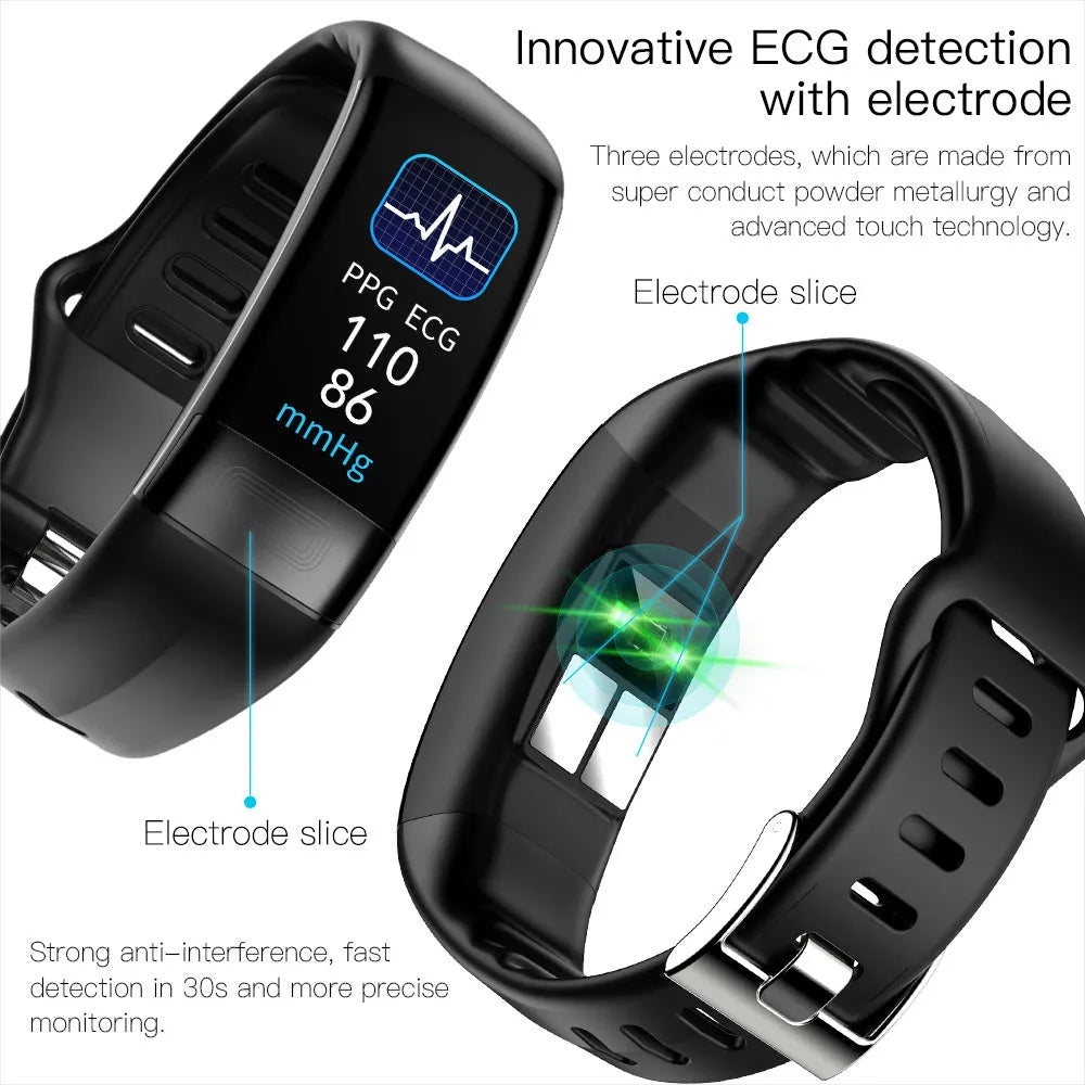 Smart health monitoring bracelet with touchscreen on a wrist, showing body temperature and ECG data.