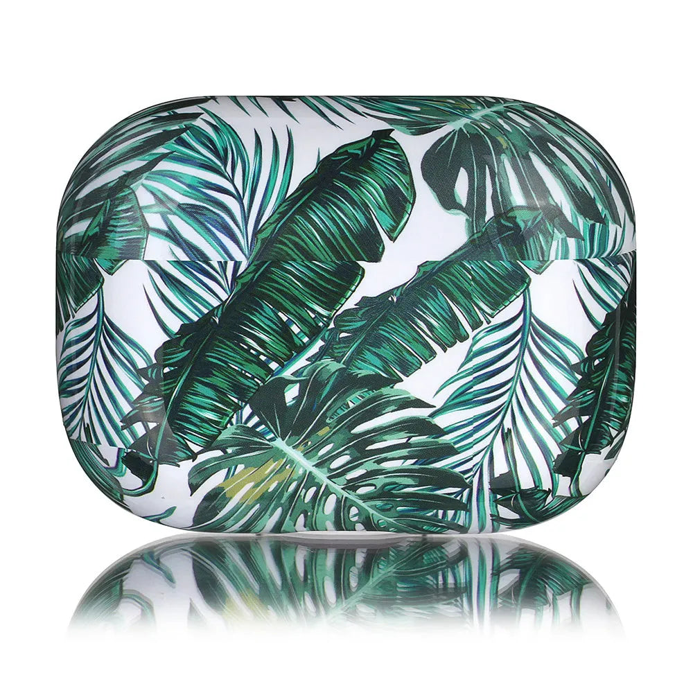 Blue and green TPU AirPods cases with banana leaf pattern for AirPods 1, 2, and Pro models.