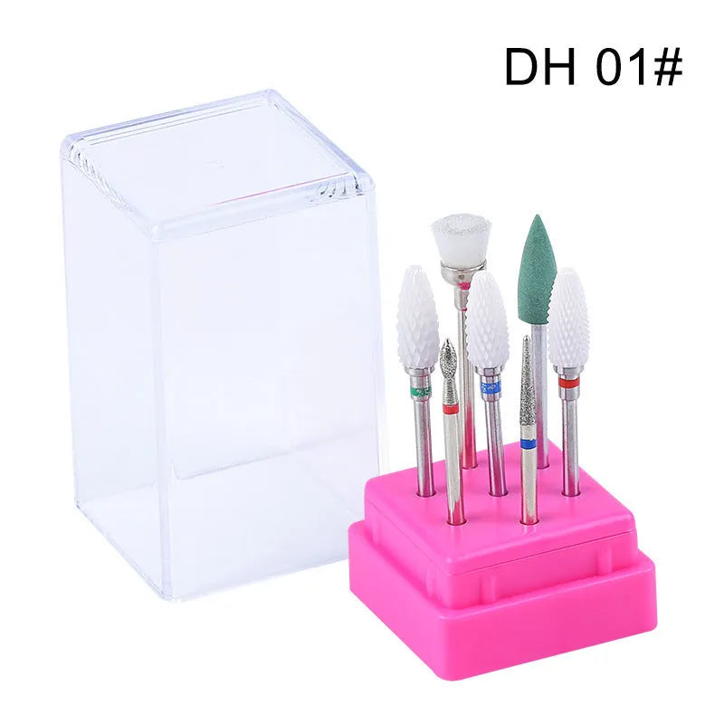 Tungsten steel nail drill polishing head set with six bits and a brush in a transparent case.