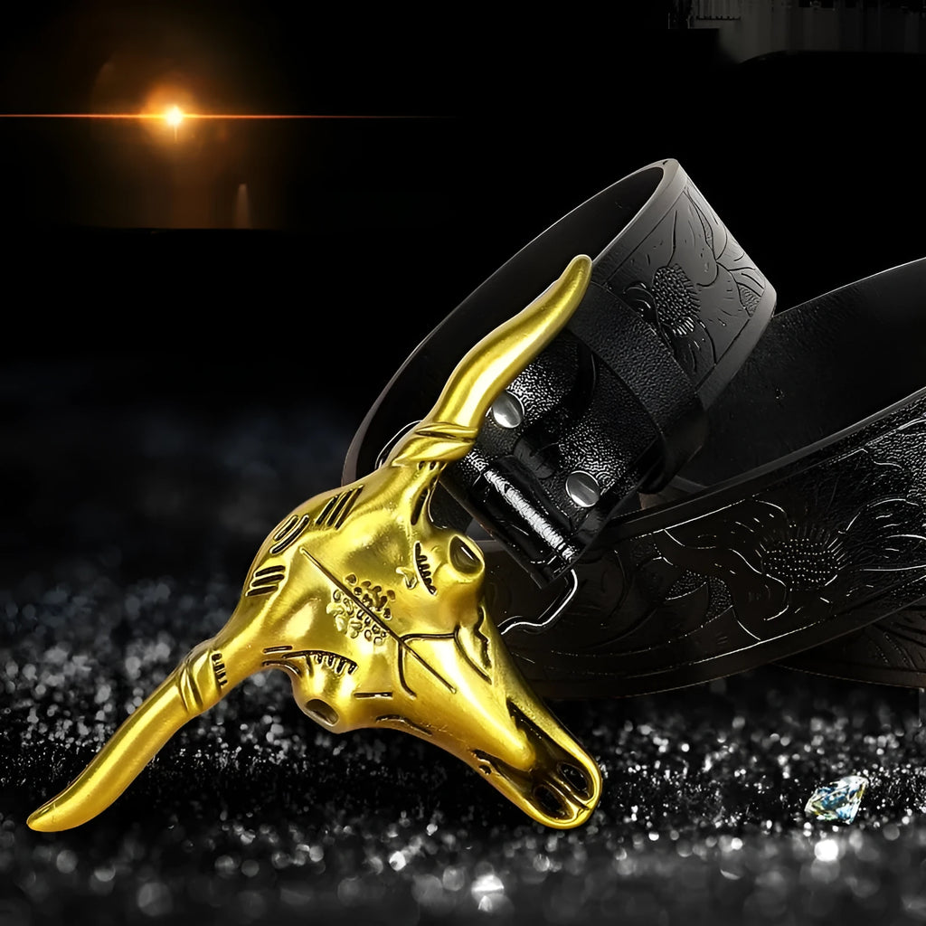 Men's black imitation leather belt with a detailed alloy cow head buckle and pin-buckle fastening.