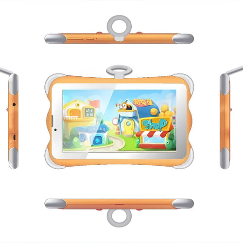 A 7-inch children's learning tablet in a cartoon colour, shown with its stand attached, on a table.