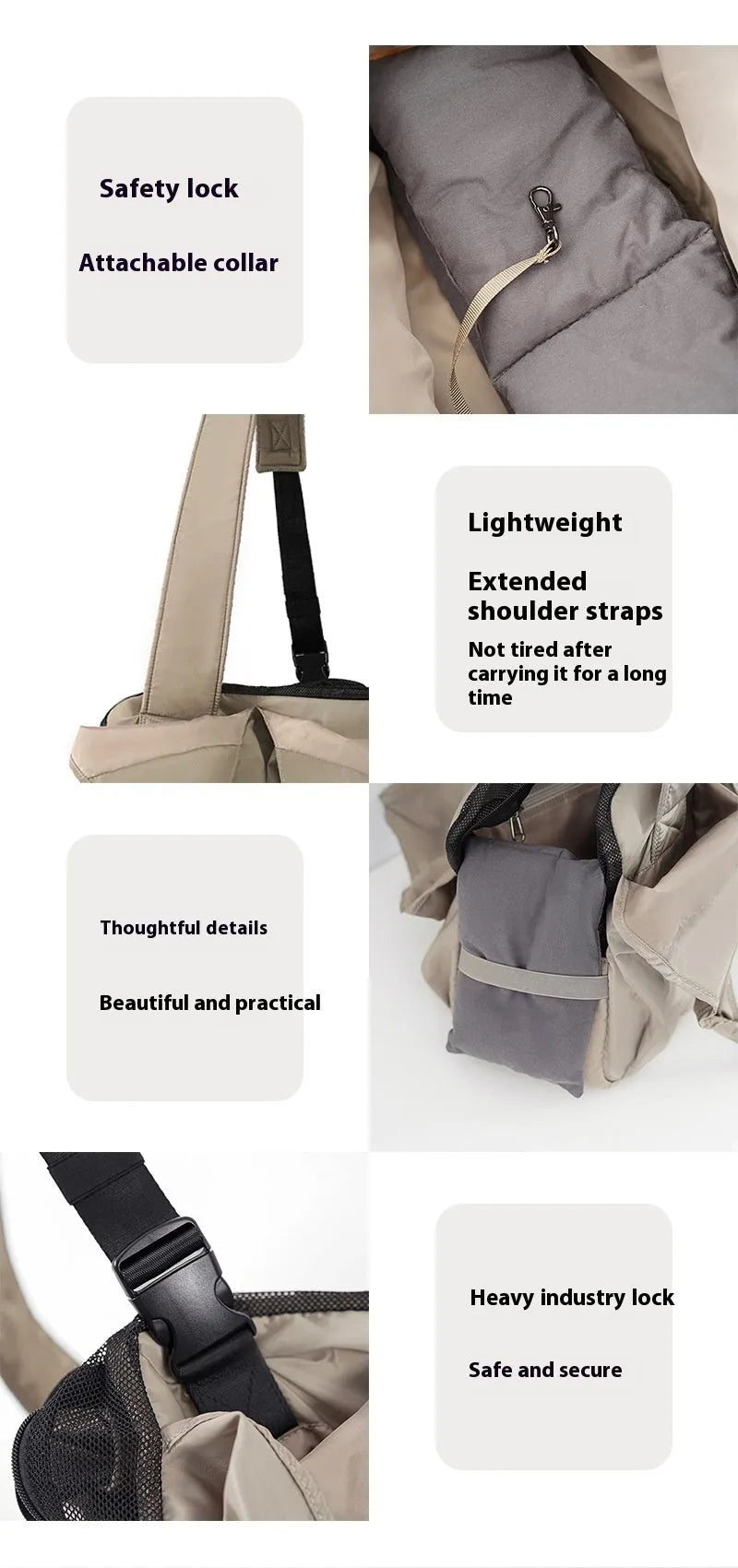 Apricot coloured cloth pet carrier handbag for small dogs and cats, shown with dimensions 41cm by 16cm by 28cm.