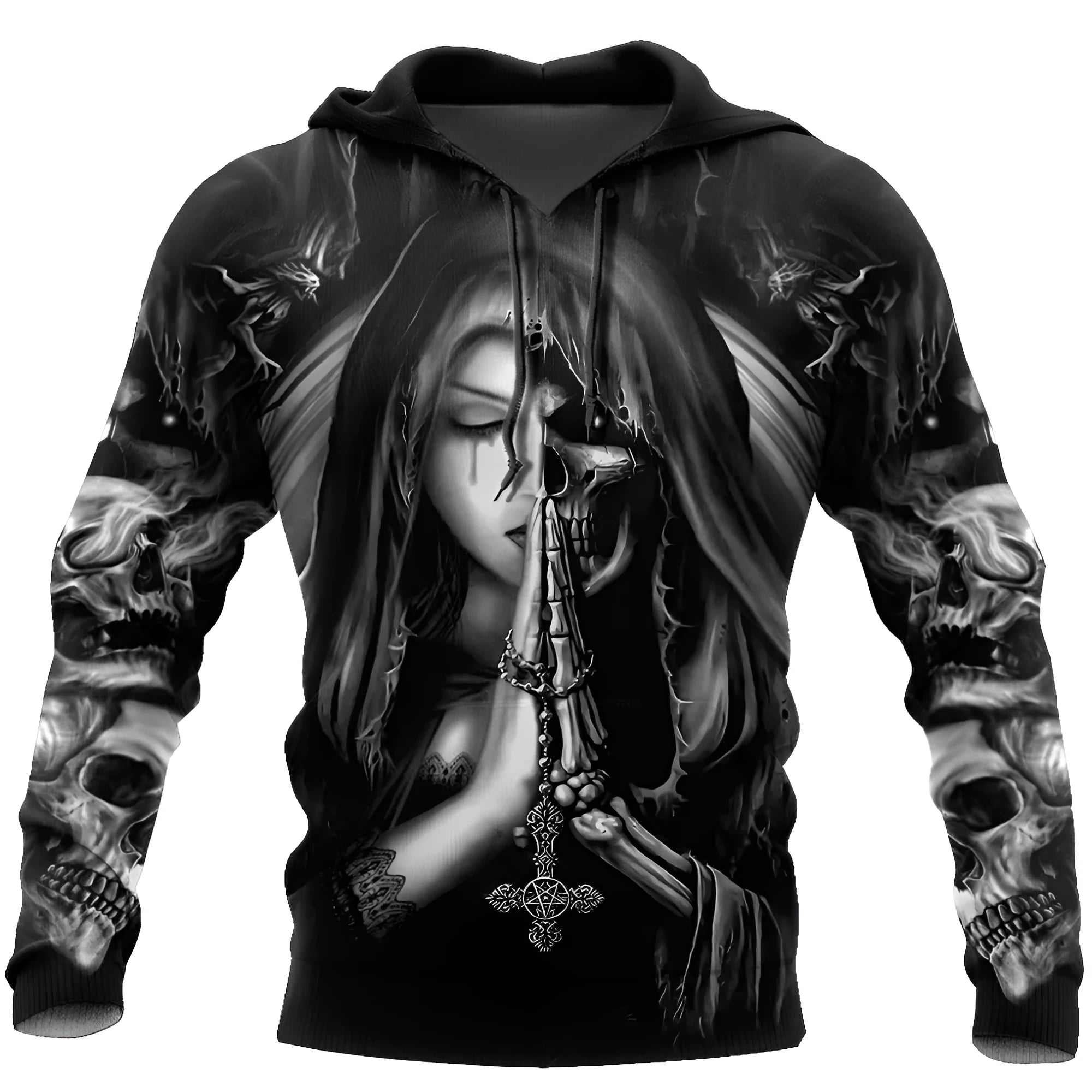 Adult black hooded sweatshirt with a large white 3D skull anime graphic on the front.