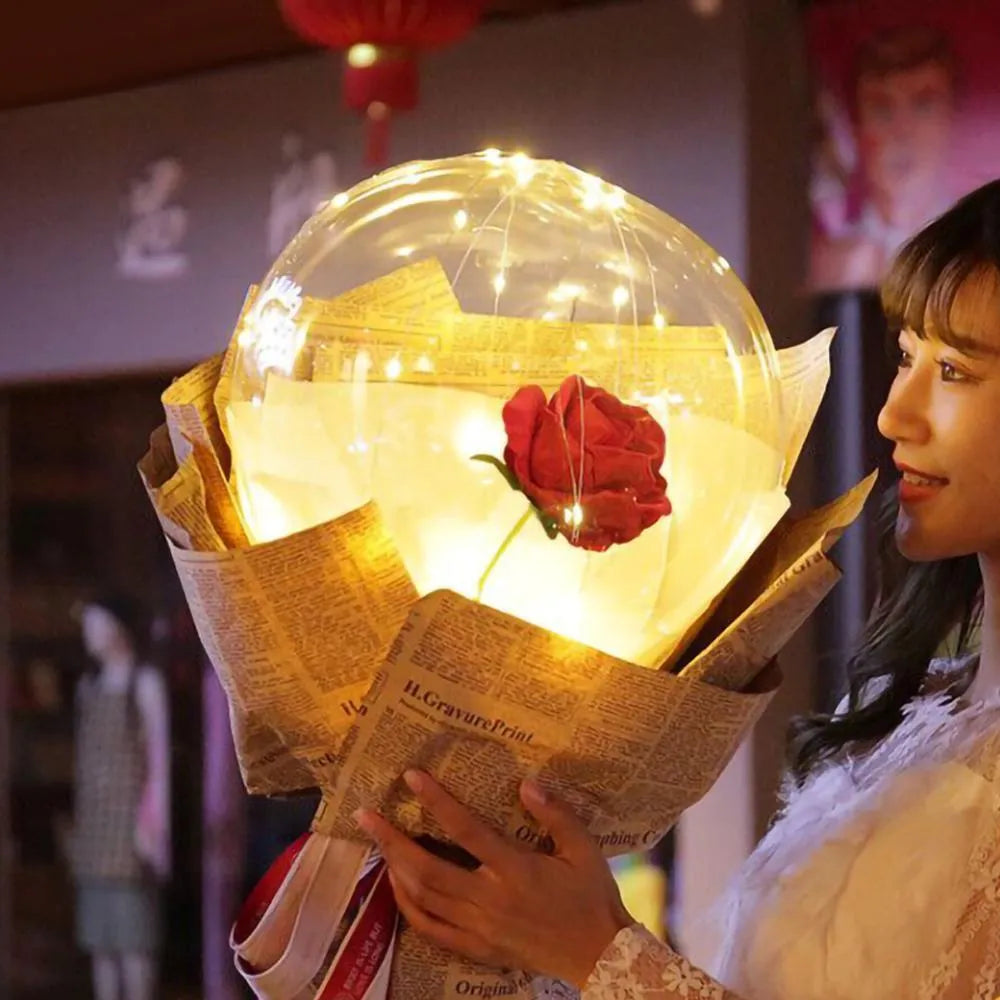 LED illuminated balloon rose bouquet with transparent bobo ball decoration