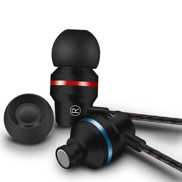 Universal wired in-ear headphones with microphone showing colour options: black, gold, red, rose red, and silver.
