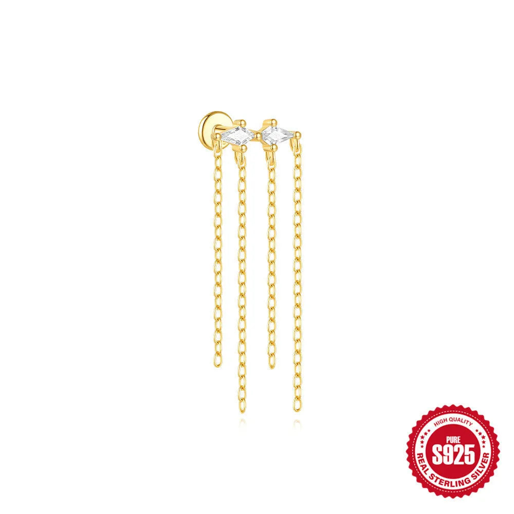 S925 sterling silver geometric kite earring with rhinestones and a dangling chain tassel in a gold colour.