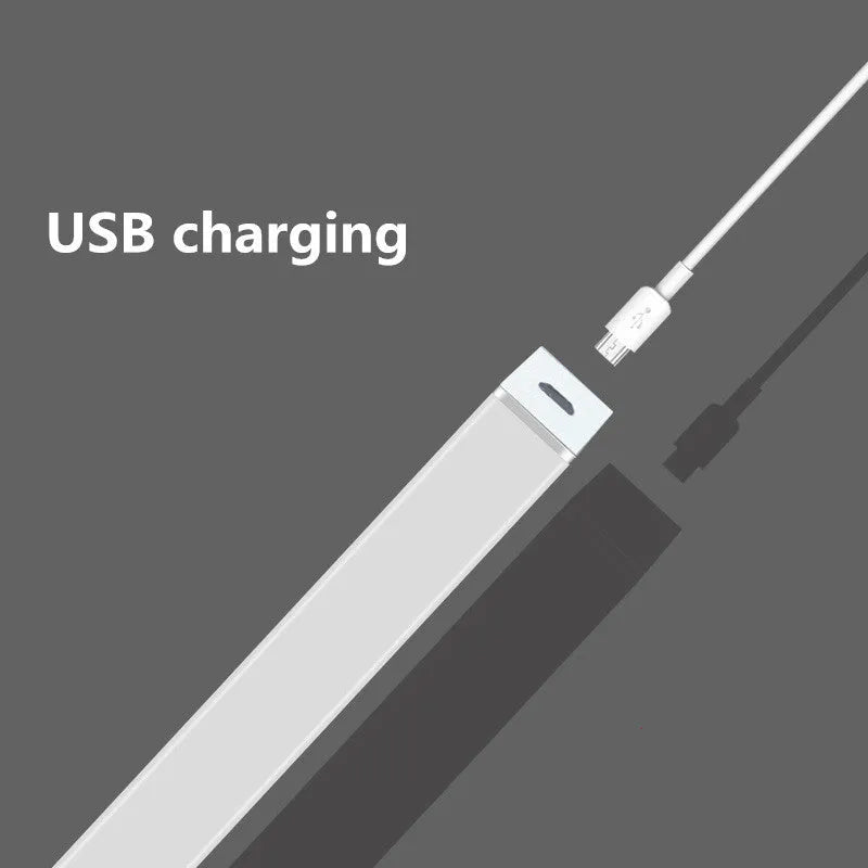 USB rechargeable LED motion sensor strip light with magnetic back, shown illuminating a wardrobe.