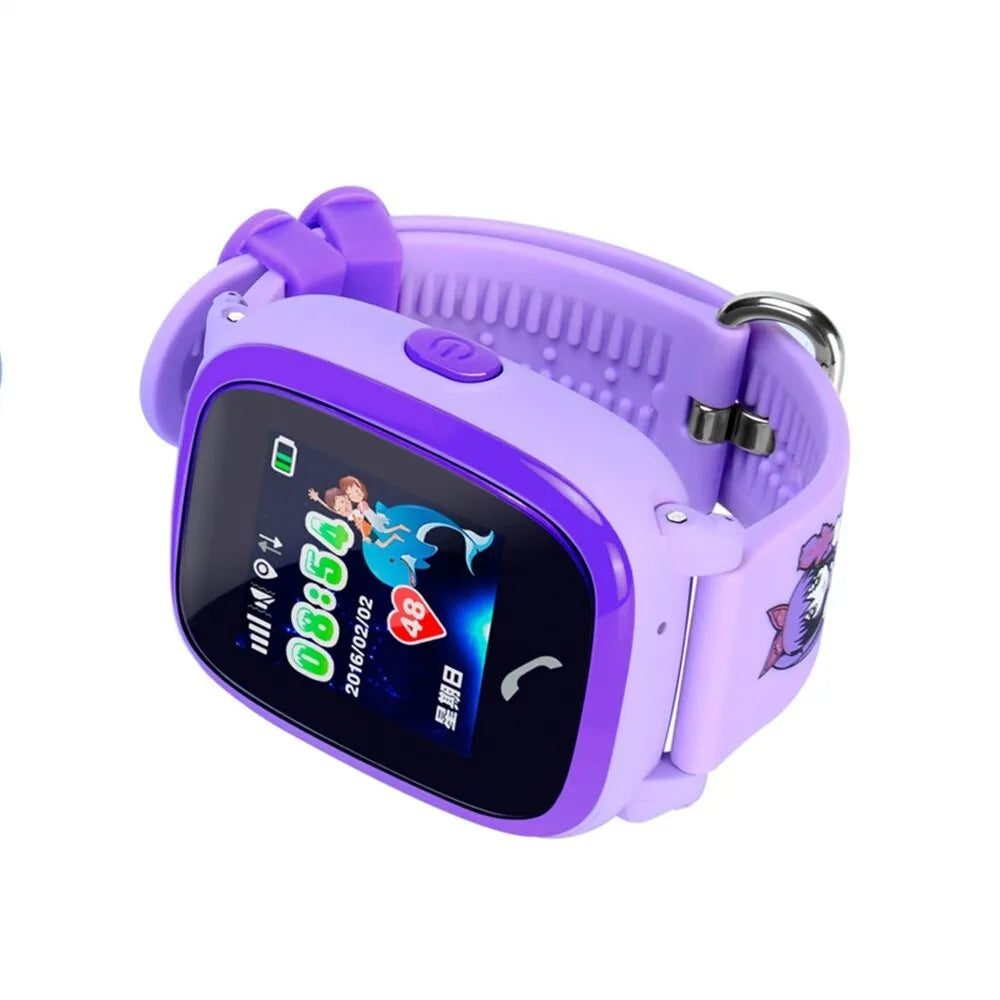 Blue DF25 children's waterproof smart watch with silicone band and touch screen displayed on a wrist.