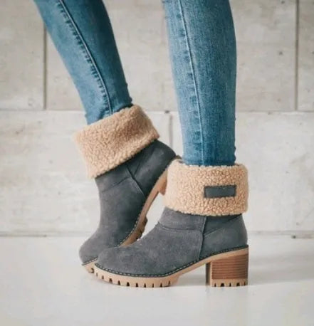 Women's suede mid-tube snow boots in black with a low heel and round toe