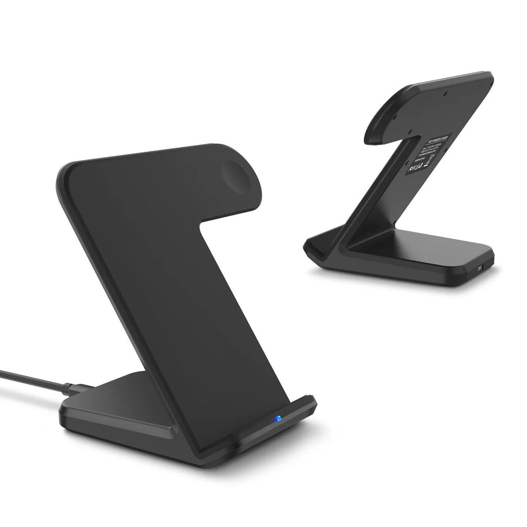 Black and white wireless phone charging pad on a desk with a Type-C cable