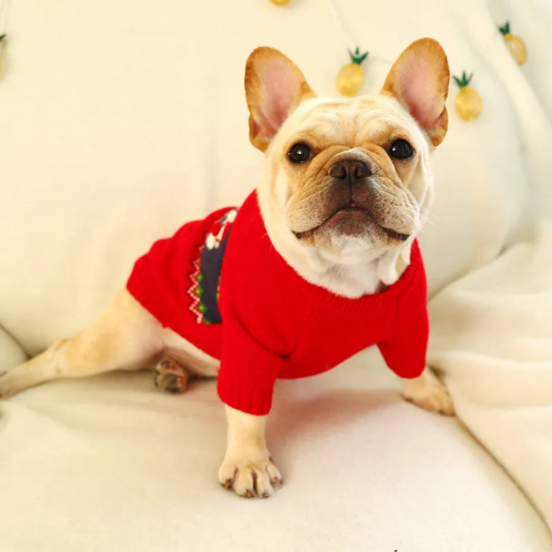 Red acrylic pet Christmas sweater with bust 50-62cm and length 30-42cm, sizes S to XL