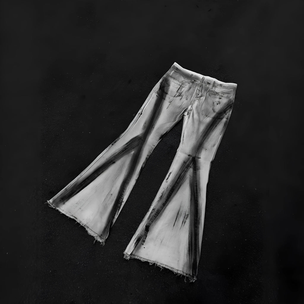 White retro jeans with heavy selvedge detailing and black ribbon gradient on denim fabric