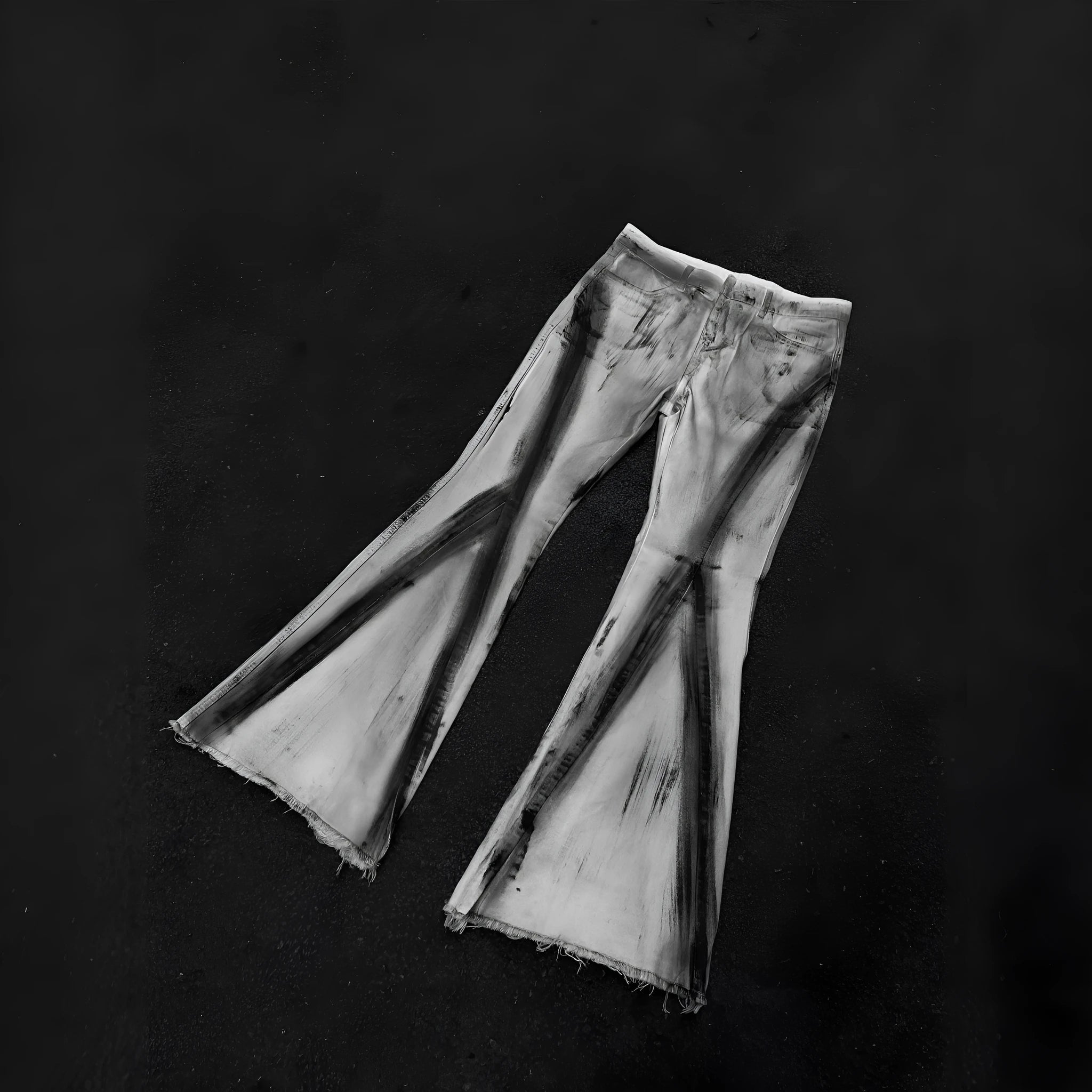 White retro jeans with heavy selvedge detailing and black ribbon gradient on denim fabric