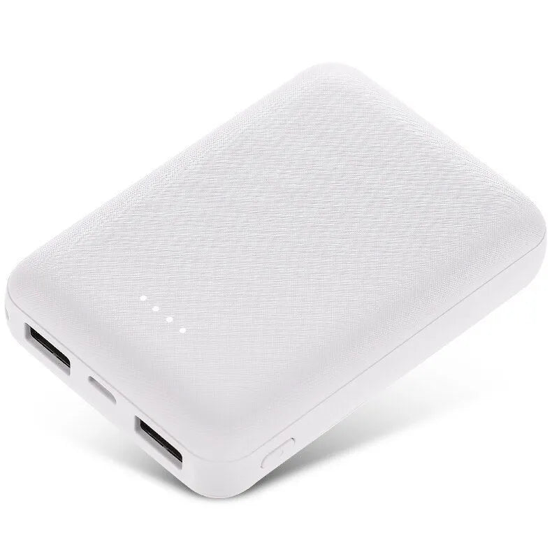 Black and white ultra-thin power bank showing 90x63x22mm dimensions with multiple USB charging ports