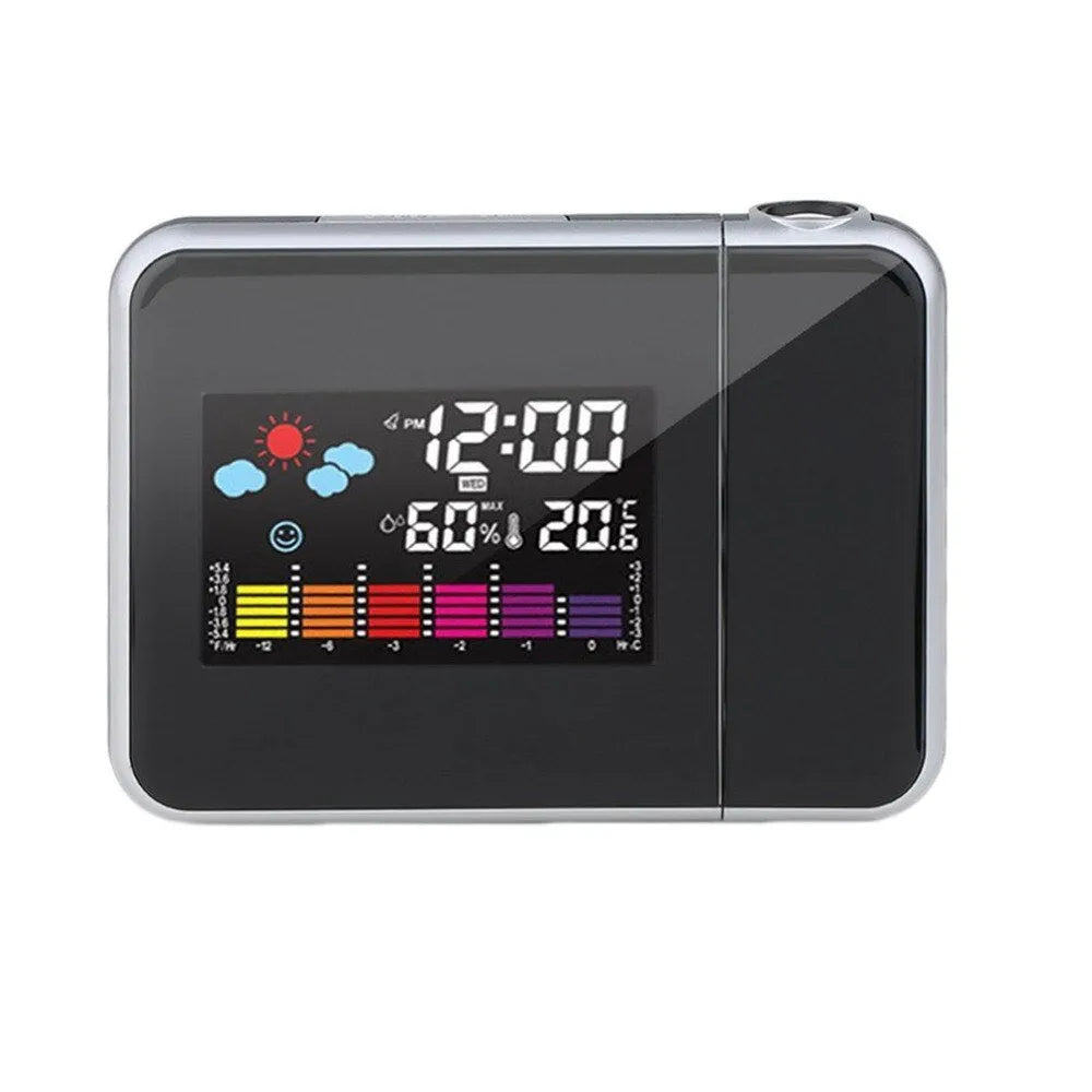 Black digital projection alarm clock showing time, temperature and humidity on multicolour LED display