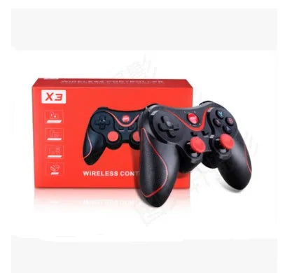 Black and white X3 Bluetooth wireless game controller for Android phones with mobile clip attached.