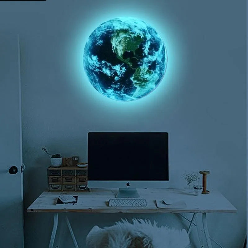 Glow in the dark 3D Earth planet wall sticker on a blue background