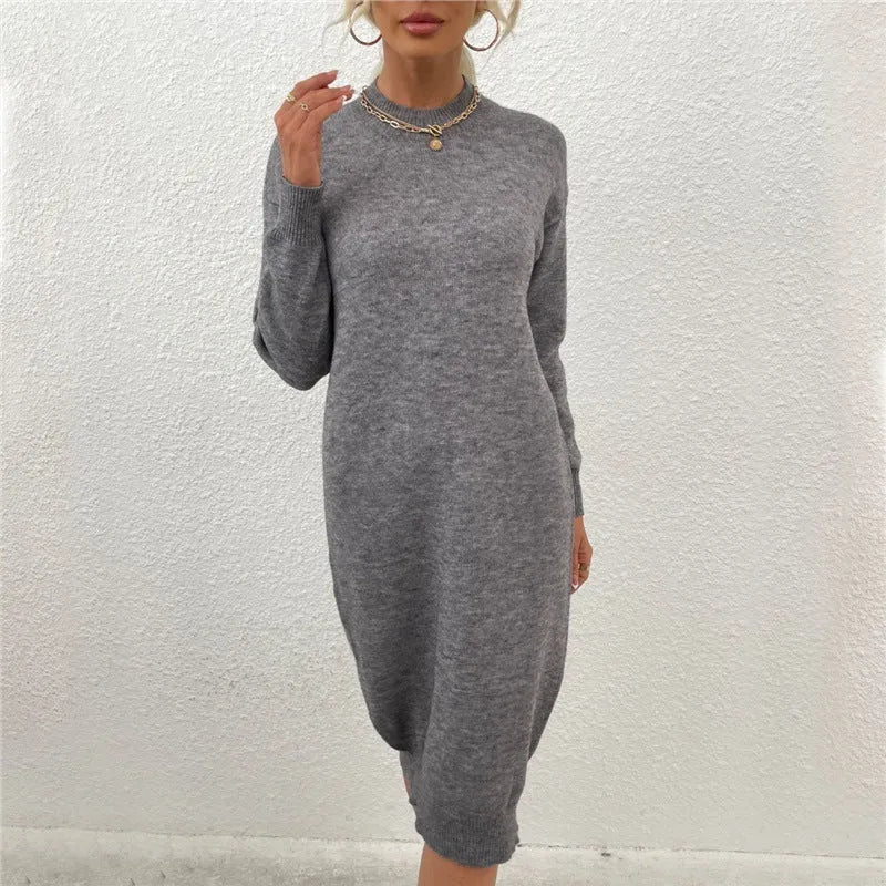 Grey women's acrylic pullover sweater dress with crew neck and long sleeves