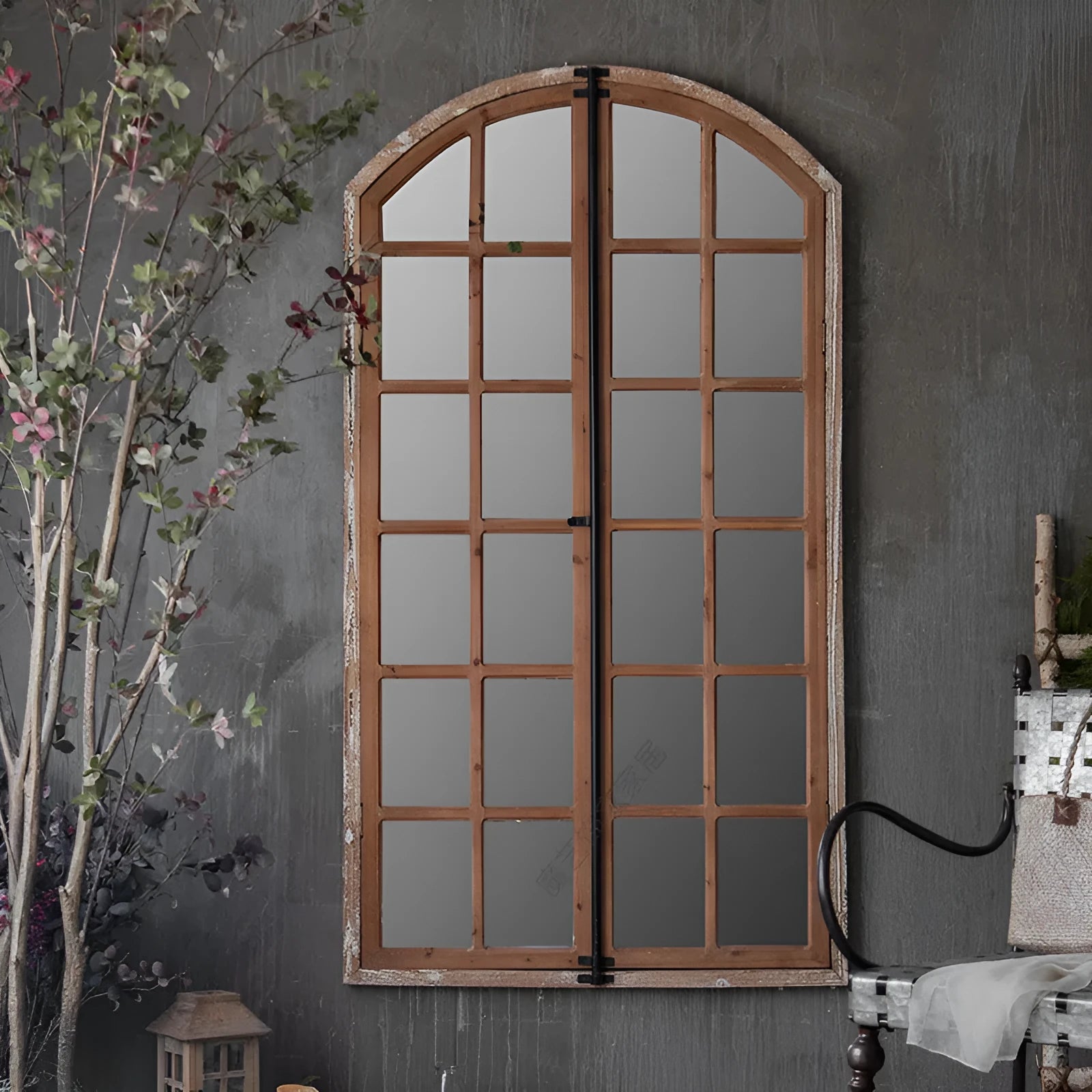Terrace Distressed Fake Window Wall Mirror in log colour wooden glass