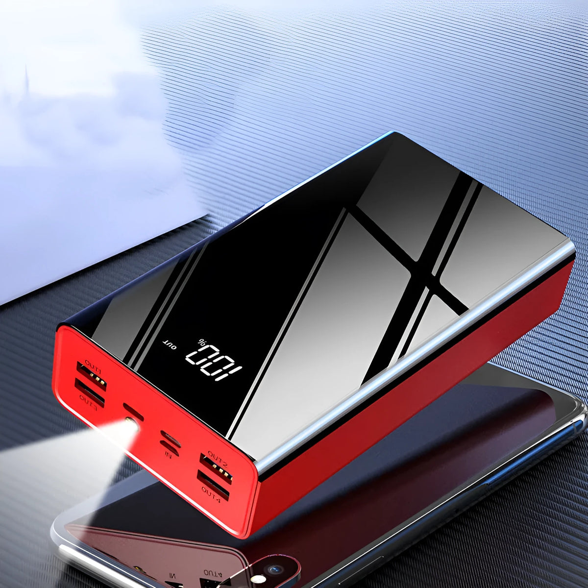 Black or red 40000 mAh power bank with LCD display showing rectangular plastic design