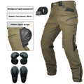 Men's waterproof motorcycle cycling trousers in black or green with included belt and protective gear.
