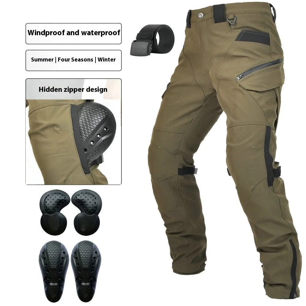 Men's waterproof motorcycle cycling trousers in black or green with included belt and protective gear.