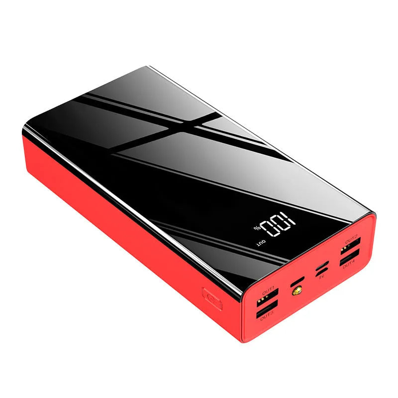 Black or red 40000 mAh power bank with LCD display showing rectangular plastic design