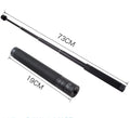Black retractable selfie stick with integrated stabilizer, shown extended and collapsed