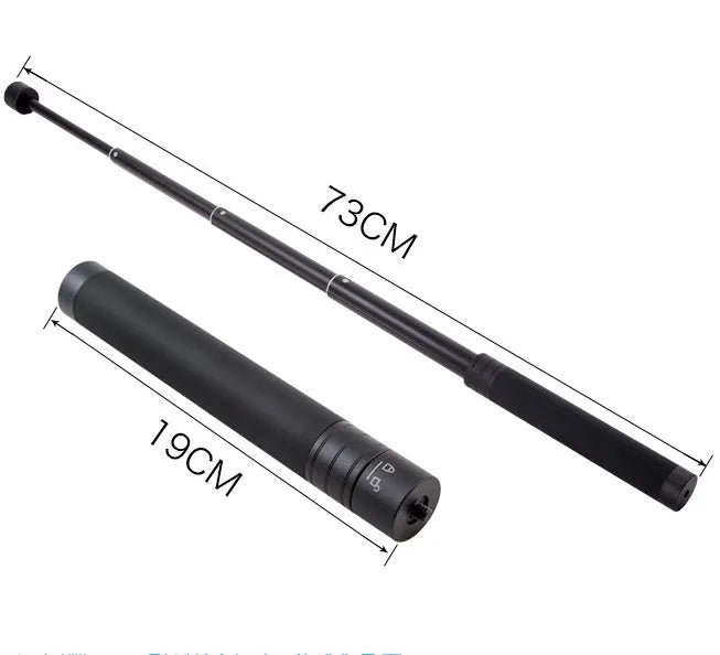 Black retractable selfie stick with integrated stabilizer, shown extended and collapsed