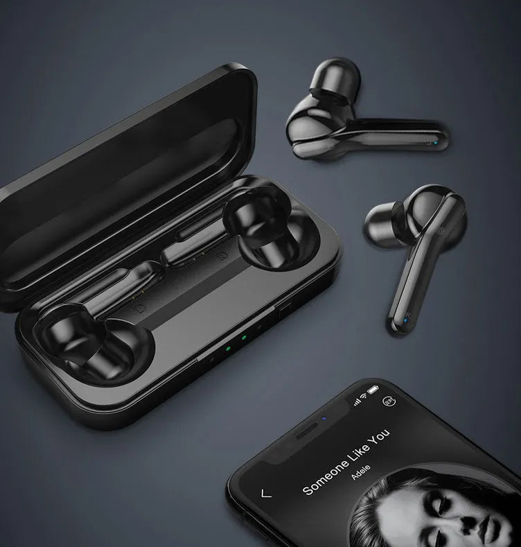 Black and white TWS wireless earbuds with Bluetooth 5.0 and IPX5 waterproof rating