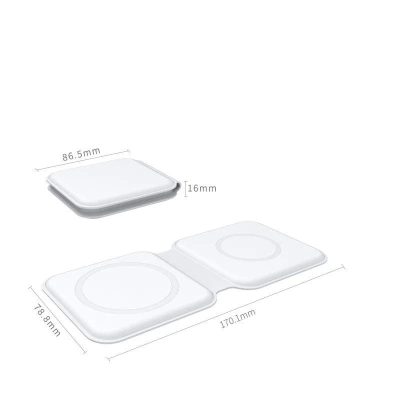 White foldable magnetic wireless charging dock showing dual charging surfaces and compact dimensions