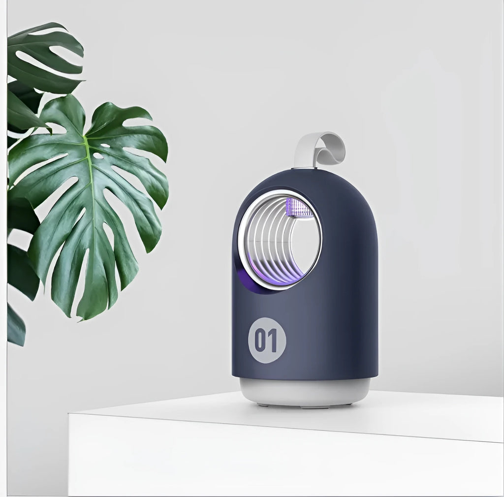 White indoor mosquito killer lamp with blue accents, showing top silicone handle and UV light grid.