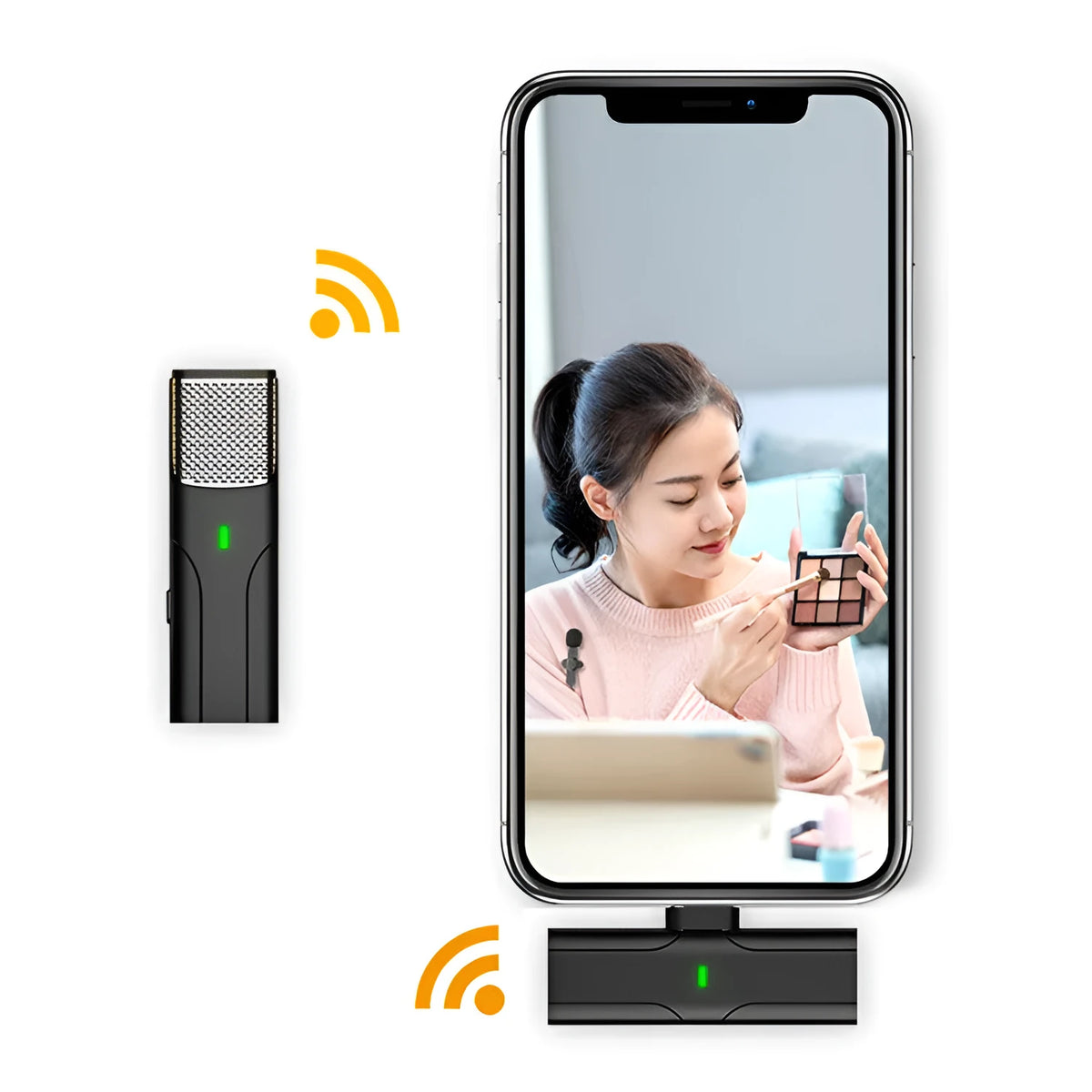 Black wireless lavalier microphone system with compact receiver for smartphones and cameras