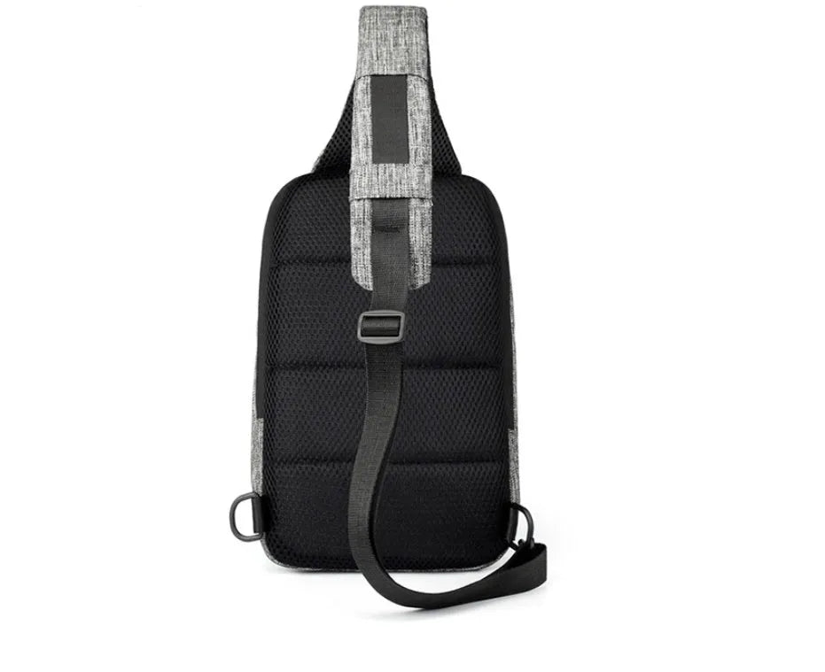 Oxford waterproof chest bag in dark blue colour showing front zipper opening and cross-body strap
