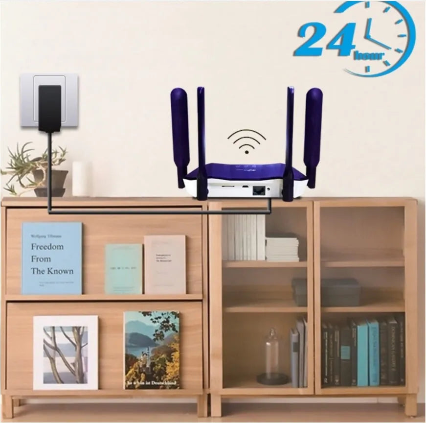 Blue 4G dual mode router with four antennas for wireless and wired internet connectivity