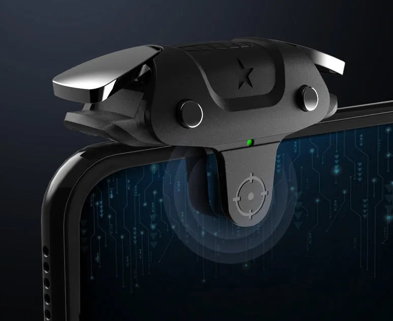 Black F5 mobile phone game controller showing compact 5cm width design with ergonomic grip