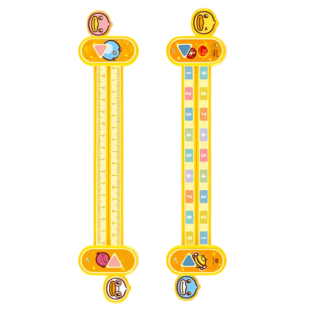 Yellow plastic children's digital decomposition ruler with cartoon graphics, showing 24.5 cm length.